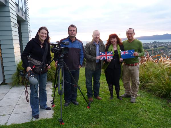 Filming in Wellington, are from left: BBC producer Cat Hoskin, cameraman Jon Bowden, potential home owner Rob Boraston from Devon, Bayleys Wellington residential sales person Denise Landow, and David Andrews, from Devon
